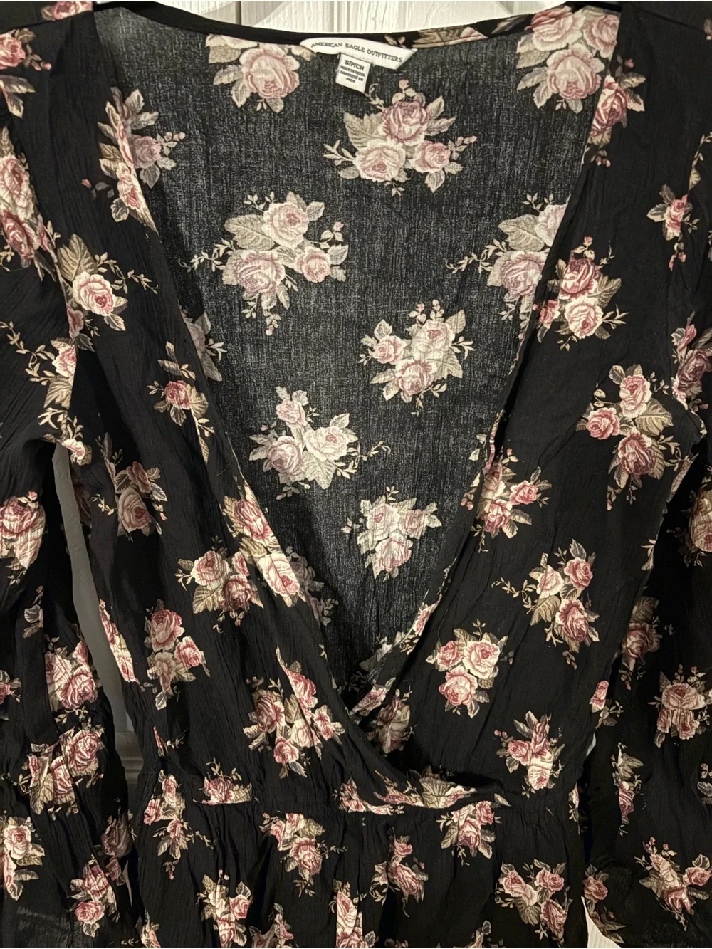 American Eagle Outfitters Black Top with Pink Rose Print
